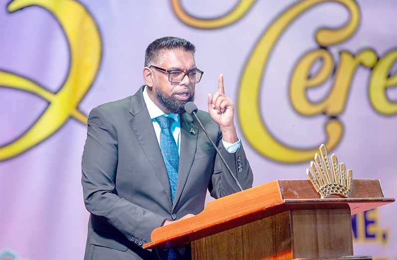 President, Dr. Irfaan Ali addressing the third GOAL graduation ceremony, on Monday (Delano Williams photos)