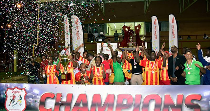 Champions! Chase Academic Foundation celebrate ending Christianburg Wismar’s dominance of the Digicel Schools Football tournament and capturing that elusive title.