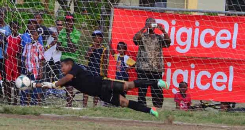 Waramadong captain Gerald Isaacs pulls off a beautiful save during the win in their semifinal over BV Secondary