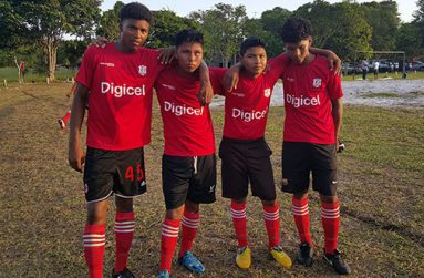 St. Cuthbert's Secondary goal-scorers from left to right Mark Clenkian, Elroy Dundas, Keoan Kattow and Zak Ferreira posing for the camera following their lopsided win over Hauraruni Secondary