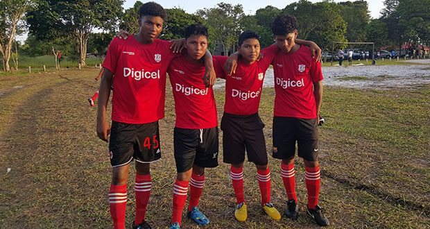 St. Cuthbert's Secondary goal-scorers from left to right Mark Clenkian, Elroy Dundas, Keoan Kattow and Zak Ferreira posing for the camera following their lopsided win over Hauraruni Secondary