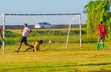 One of Chase’s 24 goals scored during yesterday’s game against GITC at the Ministry of Education ground. (Samuel Maughn photo)