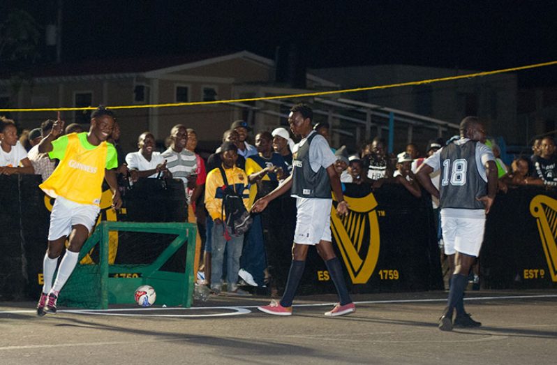 One of the many goals scored on the opening night of the West Demerara Colours/ Guinness Greatest in the Streets football tournament at the Pouderoyen Tarmac (Delano Williams Photo)