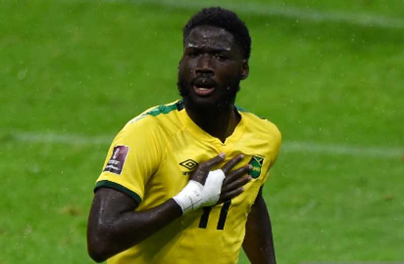 Shamarh Nicholson celebrates his goal against Mexico at the Azteca Stadium on Thursday.