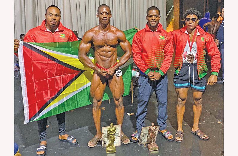 Guyana’s four athletes who competed at the 2019 CAC Championships have all been shortlisted to return.  From left, Emmerson Campbell, gold medal winner in the light-middleweight division; Kerwin Clarke, bronze medal winner in the Mr Physique (Category A); Yannick Grimes and Darious Ramsammy.