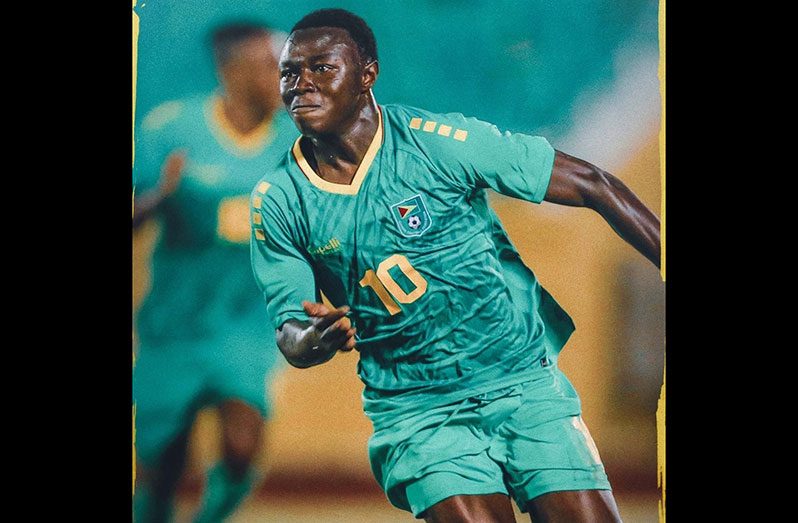 SENSATIONAL OMARI! Guyana’s Omari Glasgow in celebration mode after scoring his second goal in Guyana’s 2 – 1 win over Montserrat in the CONCACAF Nations League.