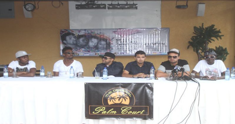 From left to right in photo are international acts ‘Kranium’, Christopher Martin and ‘Shaggy’, followed by Golden Boy’s Geraldo and Lorenzo Alphonso and Stan Gouveia.