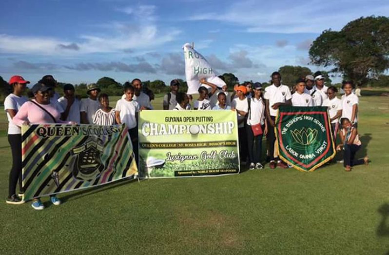 The three teams from the three participating secondary schools at the Lusignan Golf course