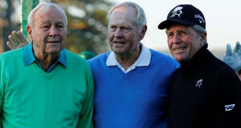 Arnold Palmer (left) pictured with fellow golfing legends Jack Nicklaus (centre) and Gary Player in Augusta in 2014.