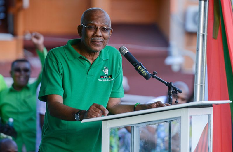 President David Granger addresses the Vreed-en-Hoop gathering on Sunday (Samuel Maughn photo) 
Photo saved as cutting