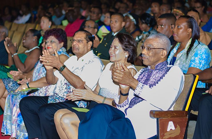 President David Granger, First Lady Sandra Granger, Prime Minister Moses Nagamootoo and Minister of Social Protection, Amna Ally, applaud the performance of the cast (Delano Williams)