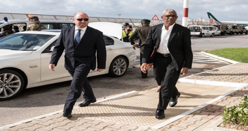 President David Granger
arrives at the Malta
International Airport ahead
of today’s opening of the
Commonwealth Heads of
Government Meeting