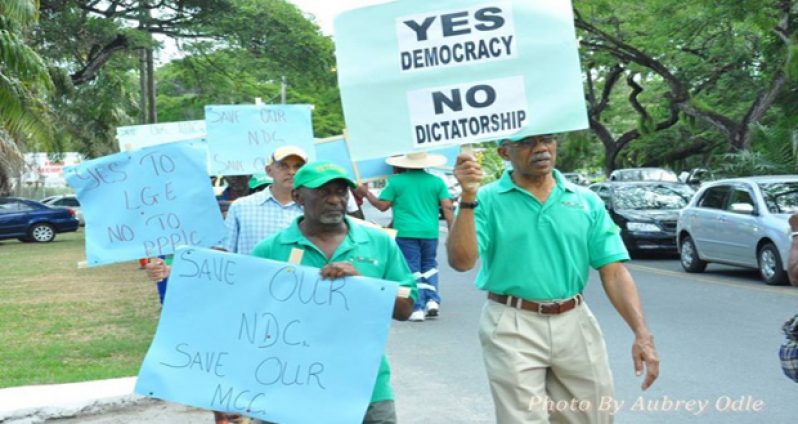 FLASHBACK: President David Granger and others, while in Opposition, protesting outside the then Office of the President, urging for LGE to be held