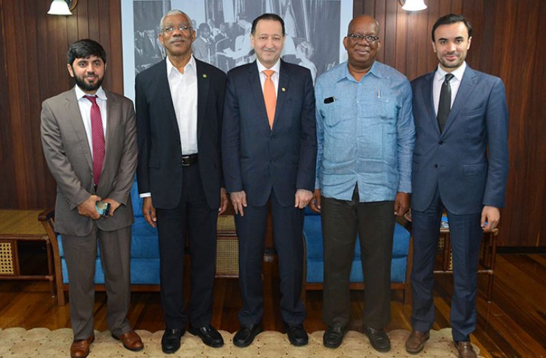 From left: Senior Country Programme Manager for Guyana, Mr. Saifullah Abid; President David Granger; Director of Country Programmes Department and Special Advisor to the Vice-President, Mr. Mohammad Alsaati; Finance Minister Winston Jordan; and Manager for the Middle East, North Africa and Latin America (MENA and LatAm), Mr. Anisse Terai