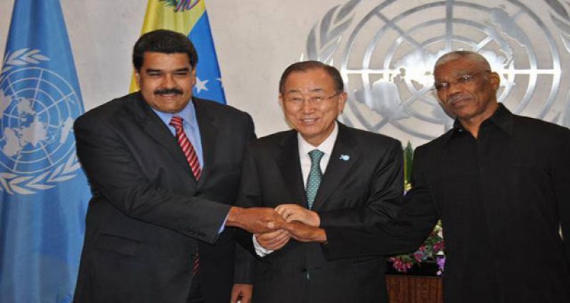 File photo shows Venezuelan President Nicolas Maduro and President David Granger at a meeting with the UN Secretary-General Ban Ki-moon last September