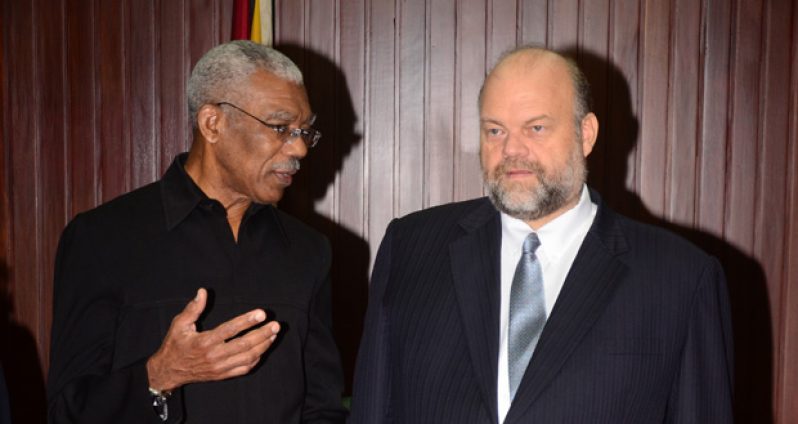 H.E President David Granger engaging the US Ambassador Perry Holloway at the Ministry of the Presidency shortly after soliciting his support for Guyana’s security