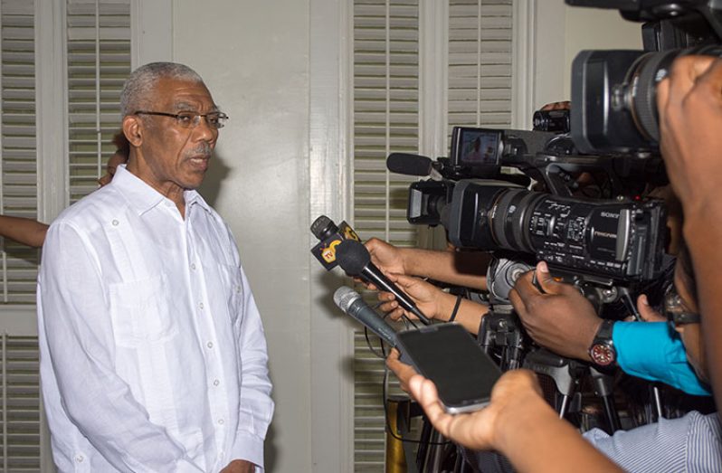 President David Granger engages the media Thursday at State House (Samuel Maughn)