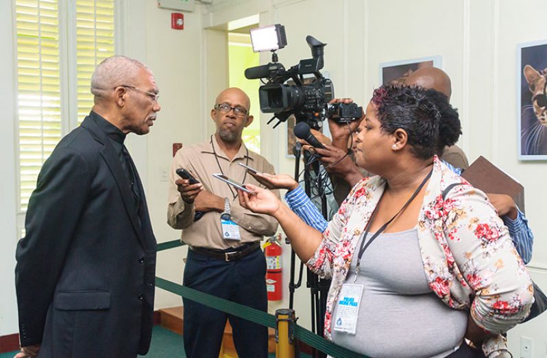 President David Granger speaks with reporters on Wednesday at State House (Delano Williams photo)