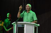President David Granger addressing a massive crowd during the APNU+AFC’s campaign launch at D’Urban Park (Delano Williams photo)