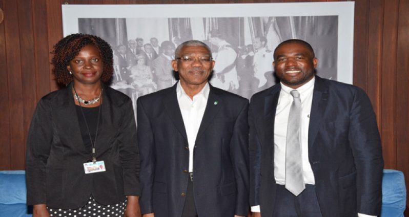 President Granger is flanked by Mr. David Lammy and Ms. Dellon Adams from the Parliament Office of Guyana