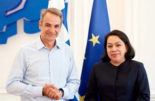 Ambassador Carolyn Rodrigues-Birkett with Greek Prime Minister, Kyriakos Mitsotakis
