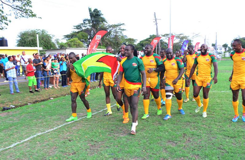 The 'Green Machine' celebrating their 48-17 victory over Barbados during one of Rugby America’s North 15s championship at the National Park.
