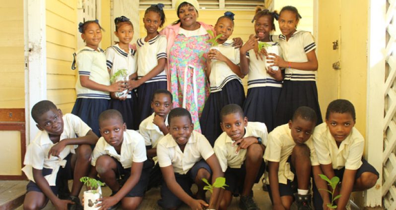 Schoolchildren displaying plants what they will use to beautify the environment