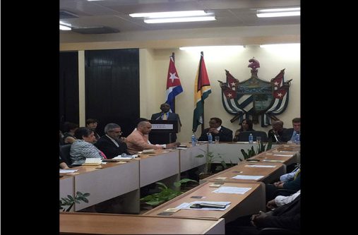 Vice President and Minister of Foreign Affairs, Carl Greenidge, addresses the audience at the University of Havana on "the reaffirmation of Guyana in its commitment to a zone of peace"