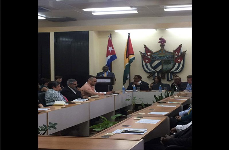 Vice President and Minister of Foreign Affairs, Carl Greenidge, addresses the audience at the University of Havana on "the reaffirmation of Guyana in its commitment to a zone of peace"