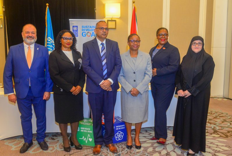 From L-R: Resident representative of Guyana and Suriname, UNDP Gerardo Noto; Chancellor of the Judiciary, Justice Yonette Cummings-Edwards; Health Minister, Dr Frank Anthony; Chief Justice Roxane George, SC; Justice Avason Quinlan-Williams of the High Court of Trinidad and Tobago and Director of Public Prosecutions, Shalimar Ali-Hack, SC