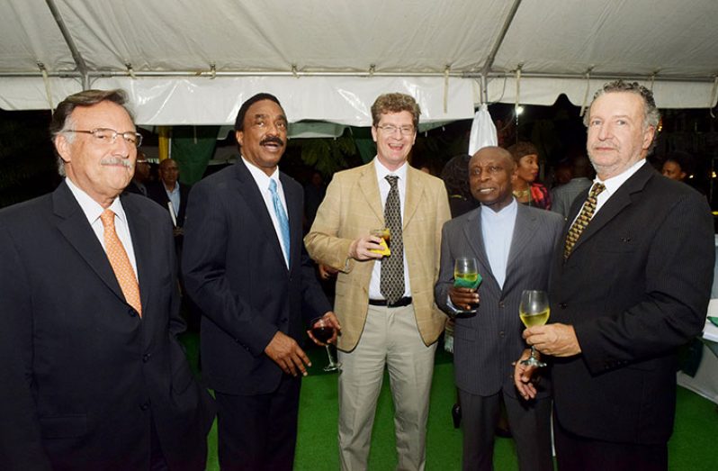 A toast to good diplomatic relations: At extreme right is Ambassador of Brazil,  Lineu de Pupo Paula.  Others from left are: Argentina’s Ambassador to Guyana, Mr Luis Alberto Martino; Guyana’s Attorney-General, Mr. Basil Williams; British High Commissioner, Mr Gregory Quinn; and Guyana’s Minister of Foreign Affairs, Mr. Carl Greenidge