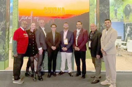 Minister of Tourism Industry and Commerce, Susan Rodrigues, along with the President of the Tourism and Hospitality Association of Guyana, Mitra Rajkumar, Director of the Guyana Tourism Authority, Kramrul Baksh and a delegation at the World Travel Market