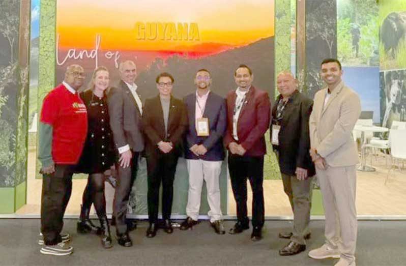 Minister of Tourism Industry and Commerce, Susan Rodrigues, along with the President of the Tourism and Hospitality Association of Guyana, Mitra Rajkumar, Director of the Guyana Tourism Authority, Kramrul Baksh and a delegation at the World Travel Market