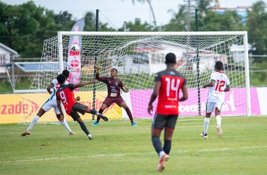 Chris Macey fires a thunderous shot to register his first and only goal for Region Three in their big 11-0 win over Region 2 on Tuesday. (Delano Williams photo)