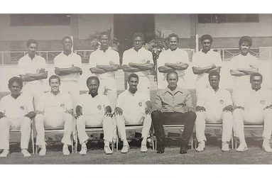 The Guyana team in Barbados for the 1988 Shell Shield tournament (Sattaur is at right standing )