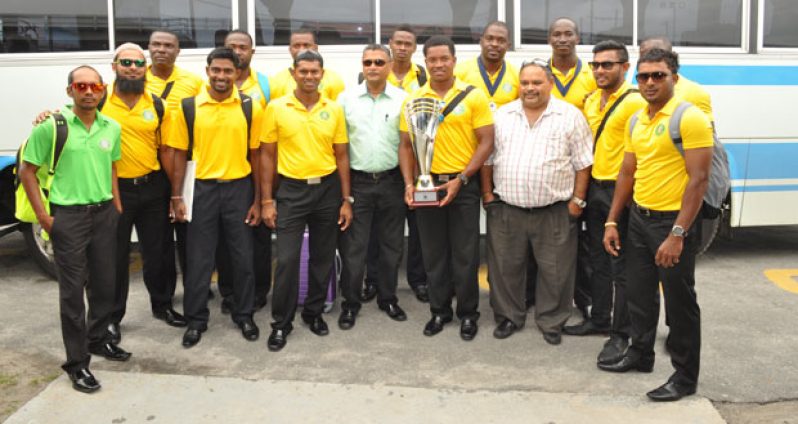 The victorious Guyana Jaguars team upon their arrival at the Ogle International Airport, yesterday. Greeting them were GCB president Drubahadur and Secreatry Anand Senassie. (Delano Williams photo)