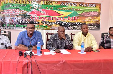 Director of Sport Christopher Jones (second left) during his remarks at the official launching of the 10th annual Guyana Cup. Also at the head table are: Chief coordinator Nazrudeen Mohammed Jr, Banks DIH Outdoor Events Manager Mortimer Stewart, Compton Sancho and Irshad Mohamed. (Adrian Narine photo)
