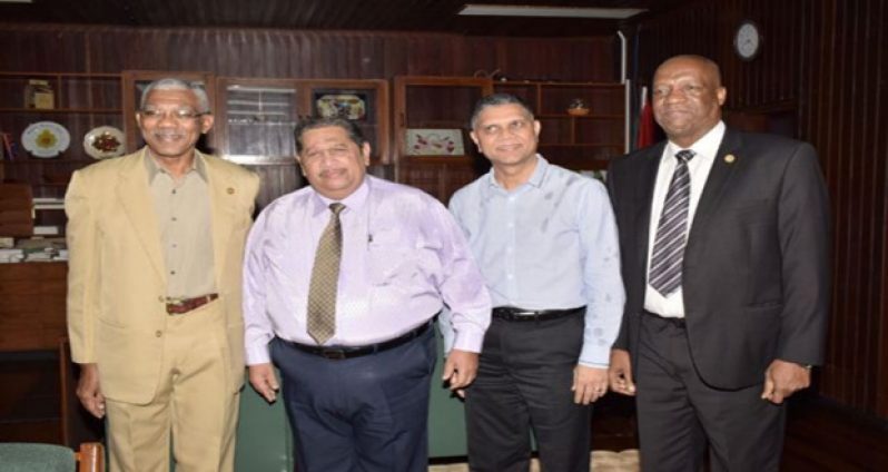 From left, President David Granger; officials from the RUDISA beverage company, and Minister of State, Mr. Joseph Harmon, yesterday (GINA photo)