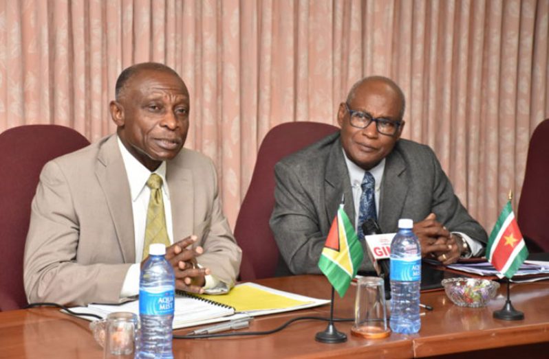 Foreign Affairs Minister,Carl Greenidge,speaks as Surinamese Diplomat, Ambassador Dr John Kolader looks on, during Monday’s  opening ceremony of the 7th Session of the Guyana-Suriname Cooperation Council, at the Ministry of Foreign Affairs, in Georgetown. (GINA photo)
