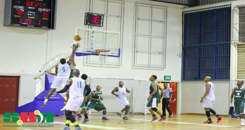 Part of the action between Guyana and Suriname last Sunday in Paramaribo