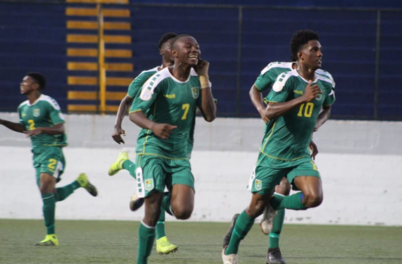 Some members of the National U-20 football team celebrate their 3-0 win over St Vincent and the Grenadines at the CONCACAF U-20 Qualifiers in Nicaragua.