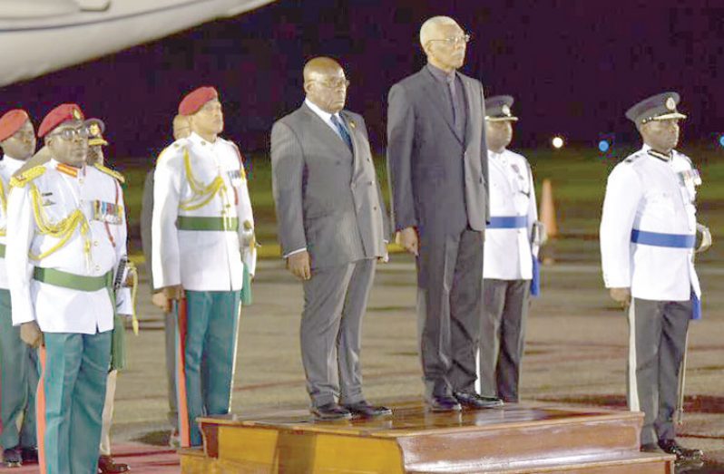 President David Granger and his Ghanaian counterpart, President
Nana Addo Dankwa Akufo-Addo taking the salute at the CJIA (Keno George Photos)