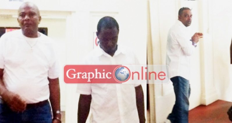 JAILED: Percival Junior Court (left), Samuel Monty and Singh Princhad leaving the courtroom