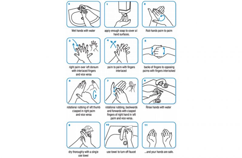 Recommended steps by Pan American Health Organisation/World Health Organisation (PAHO/WHO) for proper handwashing