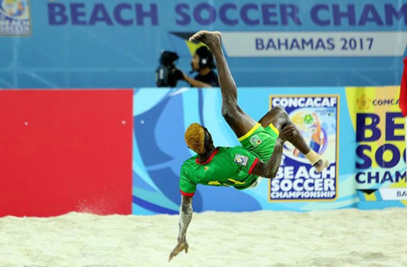 FLASHBACK! Guyana’s Jamal Haynes, who picked up the 2017 Scotiabank Young Player Award at the CONCACAF Beach Soccer Championship, scored what was described as the Goal-of-the-Tournament.