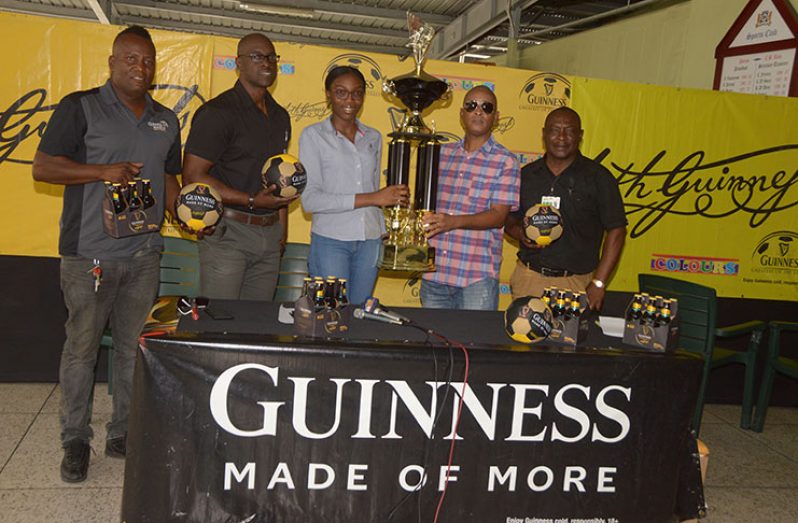From left, head referee Wayne Griffith, Guinness Brand manager Lee Baptiste, Colours Boutique representative Creana Damon, Three-peat Promotions director Rawle Welch and Banks DIH Communications manager Troy Peters. (Adrian Narine photo)