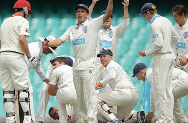 Calls for help go out after Phillip Hughes collapses on the pitch in the  New South Wales v South Australia, Sheffield Shield match in Sydney yesterday.