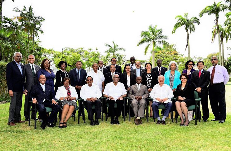 President Granger and Heads of Missions. Seated from (R-L) Director General in the Ministry of Foreign Affairs, Audrey Waddell; Former Commonwealth Secretary-General, Sir Shridath Ramphal; Foreign Affairs Minister, Carl Greenidge; President David Granger; Prime Minister Moses Nagamootoo; Guyana’s Ambassador to Venezuela, Cheryl Miles; and Guyana’s Ambassador to China, Bayney Karran