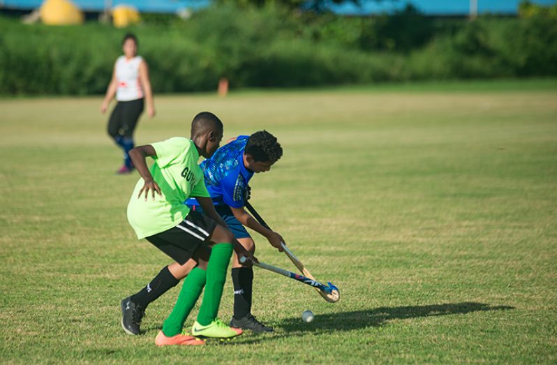 A GCC Pitbull player (in blue) vies for possession with a NR Multilateral player. (Delano Williams photo) 