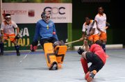 GCC goalkeeper Medroy Scotland saves the penalty corner strike of Jason DeSantos.